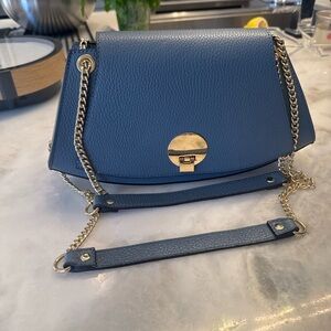 Italian Leather Blue Crossbody Shoulder Bag Gold Chain Made in Italy